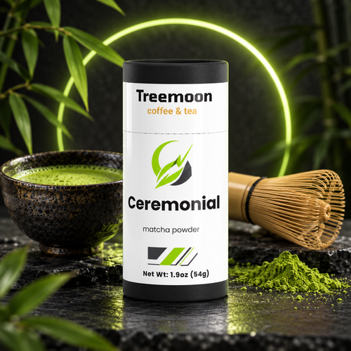 Treemoon Ceremonial Matcha Powder with matcha bowl and bamboo whisk on a premium green and black background