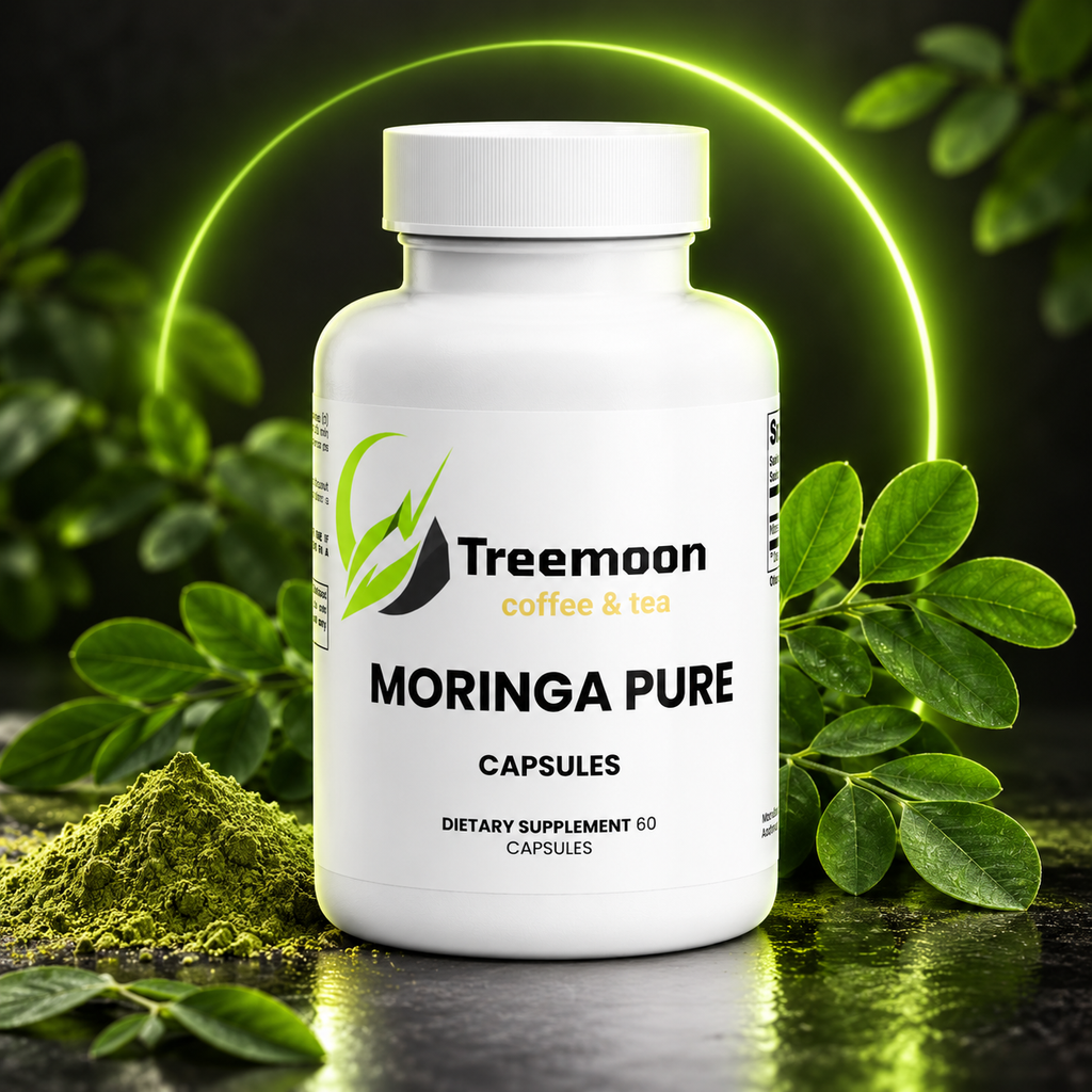 Treemoon Moringa Pure capsules with moringa leaves on a premium green and black background