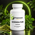 Treemoon Moringa Pure capsules with moringa leaves on a premium green and black background