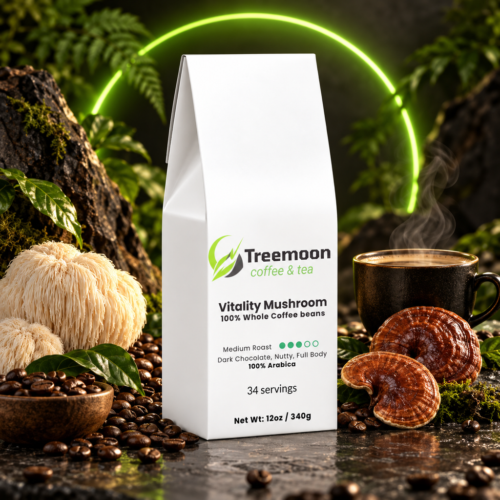 Treemoon Vitality Mushroom Coffee with coffee beans, lion's mane and reishi mushrooms on a premium green and black background