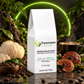 Treemoon Vitality Mushroom Coffee with coffee beans, lion's mane and reishi mushrooms on a premium green and black background